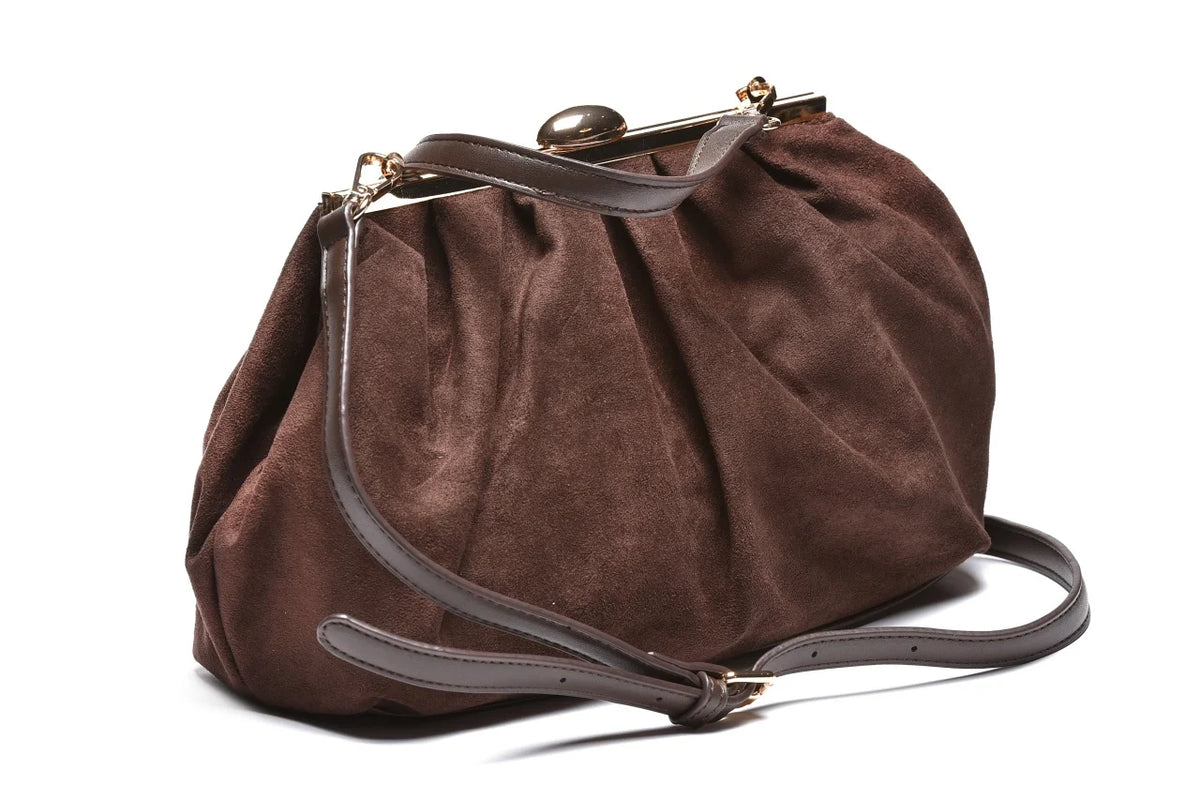 T012633COF – Coffee mekana velur clutch torba sa metalnim ukrasom