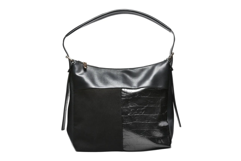 T012663BLK - Crna torba kombinovane teksture sa kroko detaljem