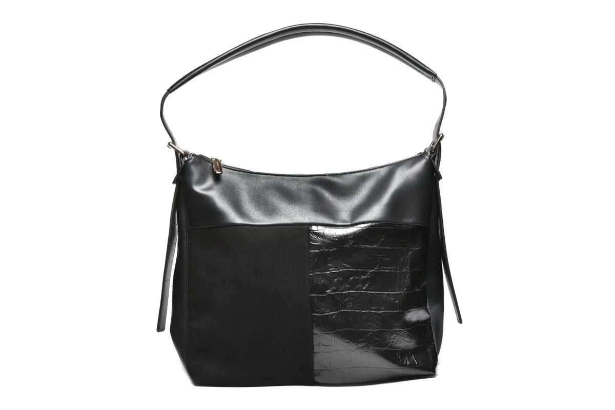 T012663BLK - Crna torba kombinovane teksture sa kroko detaljem