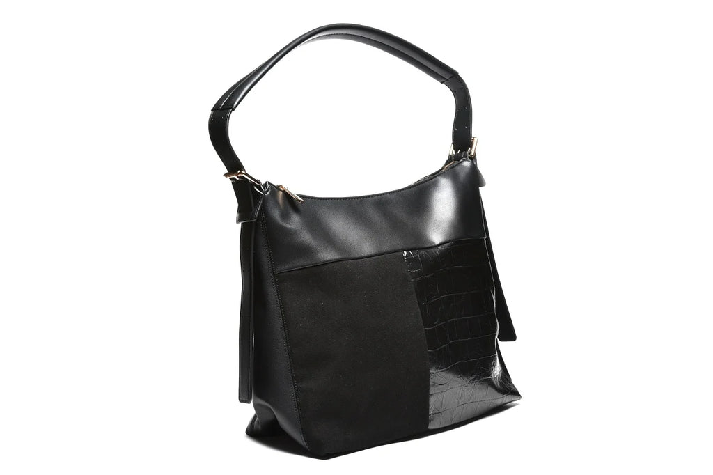 T012663BLK - Crna torba kombinovane teksture sa kroko detaljem