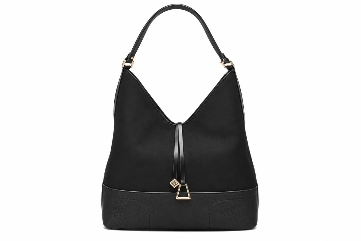 T012677BLK - Crna torba kombinovane teksture sa ukrasnim priveskom