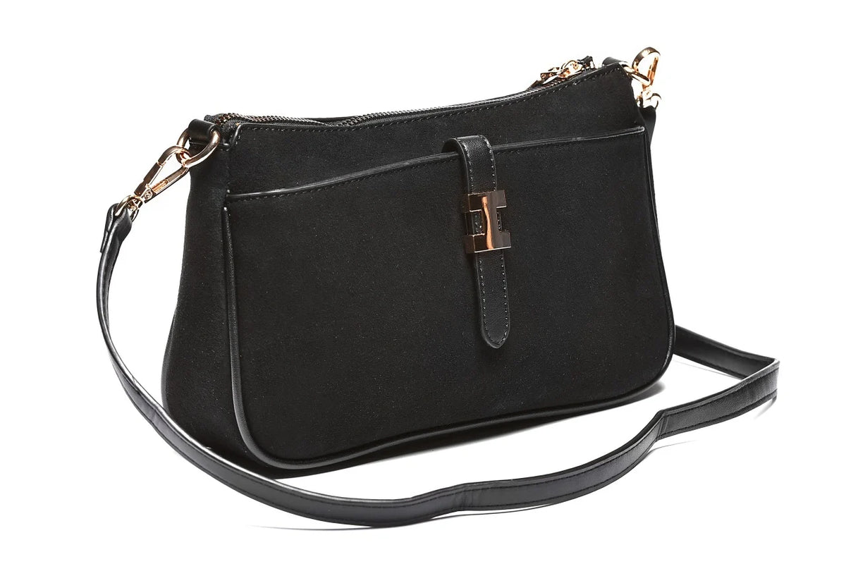 T012683BLK - Crna elegantna torbica sa dekorativnom metalnom kopčom