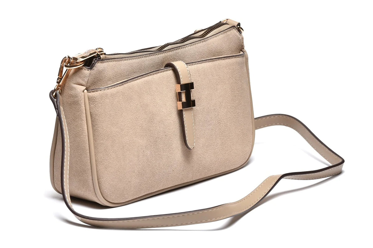 T012683TAP - Taupe elegantna torbica sa dekorativnom metalnom kopčom