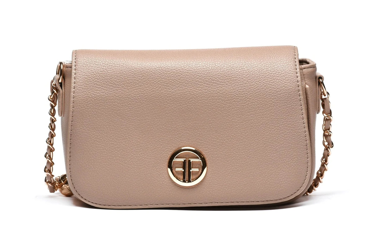 T012696BEI - Bež elegantna torbica sa preklopom i lancem