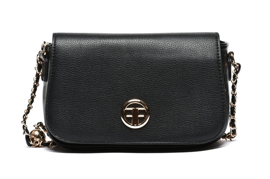 T012696BLK - Crna elegantna torbica sa preklopom i lancem