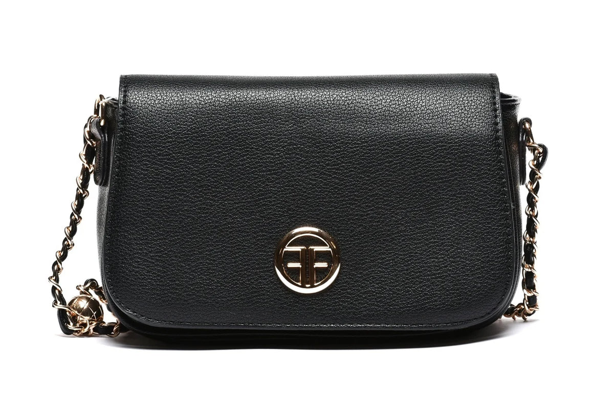 T012696BLK - Crna elegantna torbica sa preklopom i lancem
